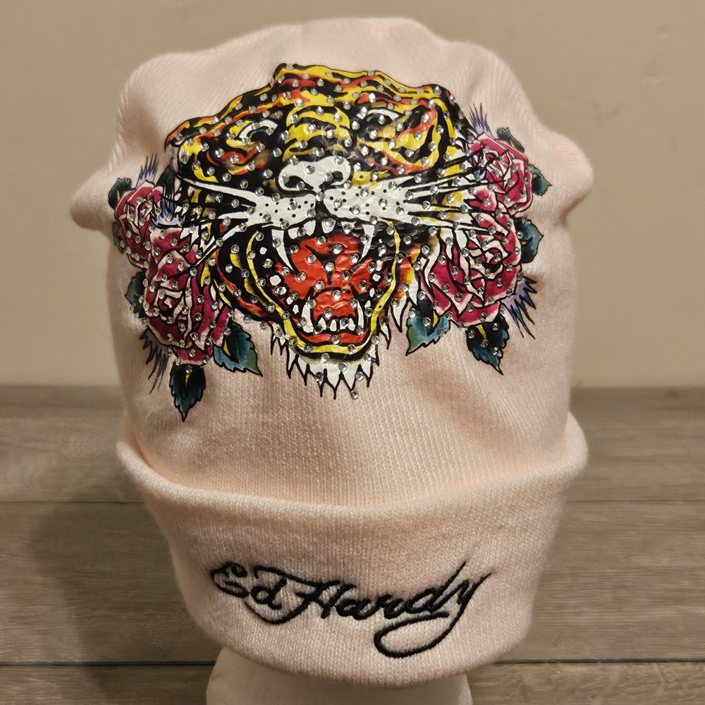 Ed Hardy Pink Tiger Rose Rhinestone Embroidered Knit Beanie Hat Y2K Streetwear